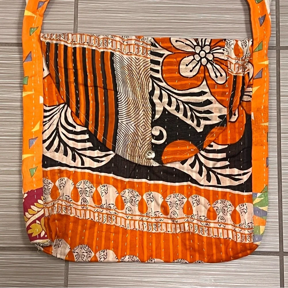 Indian Quilt Quilted fabric floral purse satchel boho bohemian orange hippie - Picture 3 of 8